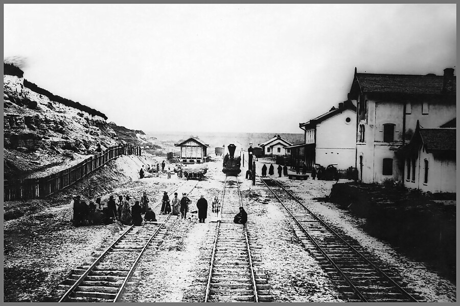 historic image of train yard in Ukraine
