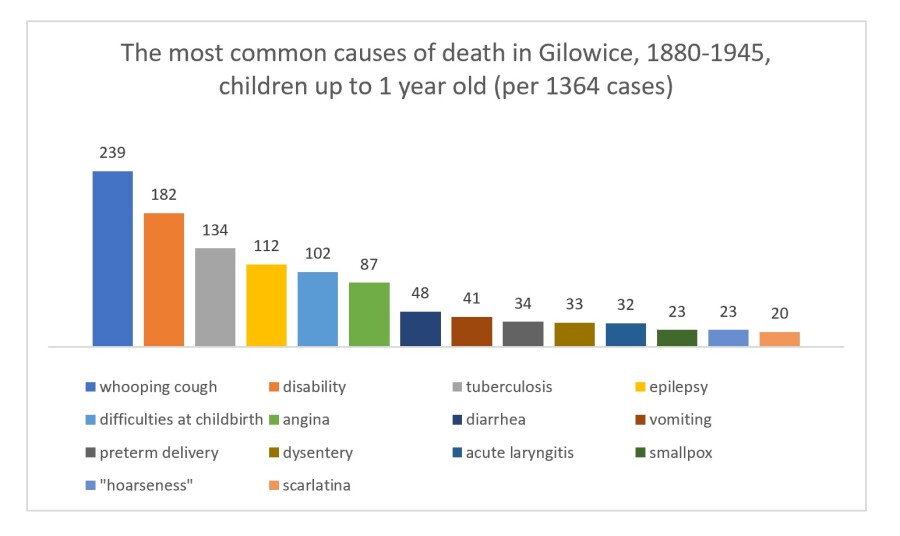 chart of most common causes of death in Gilowice, a typical Galician village in 1880 - 1945