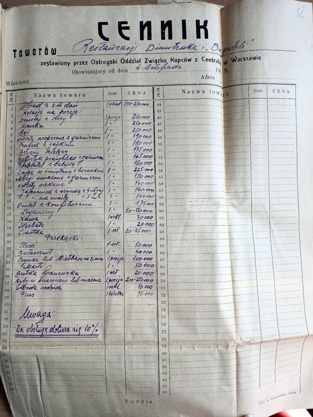 Dmytruk price list in Ostroh 1923